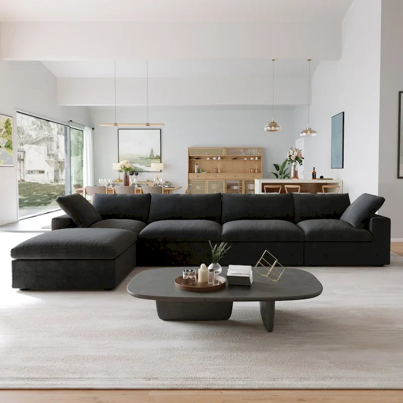 Canapé Sectionnel Noir Commix Garni de Plumes Surdimensionné avec Pouf