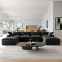 Canapé Sectionnel Noir Commix Garni de Plumes Surdimensionné avec Pouf
