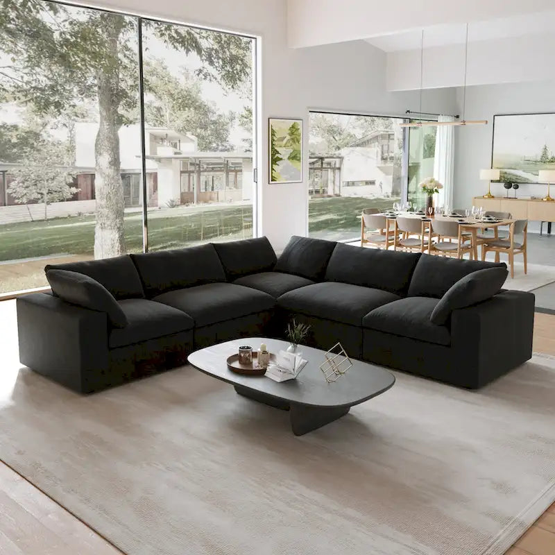 Canapé Sectionnel Noir Commix Garni de Plumes Surdimensionné avec Pouf