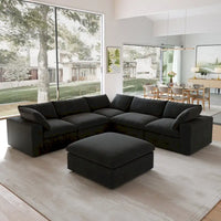 Canapé Sectionnel Noir Commix Garni de Plumes Surdimensionné avec Pouf
