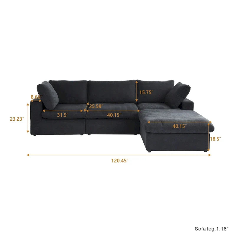 Canapé Sectionnel Noir Commix Garni de Plumes Surdimensionné avec Pouf