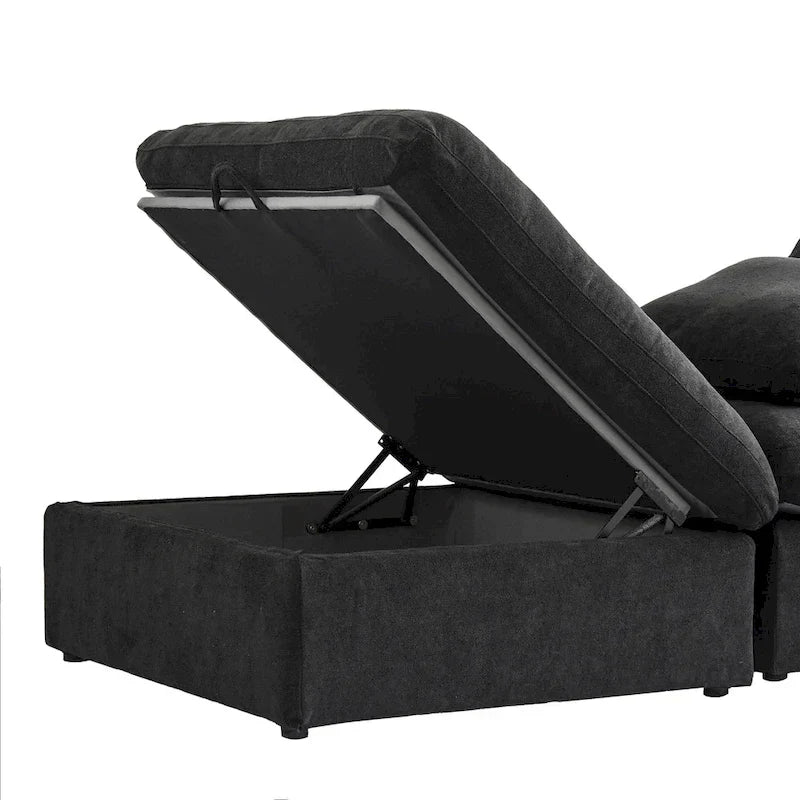 Canapé Sectionnel Noir Commix Garni de Plumes Surdimensionné avec Pouf