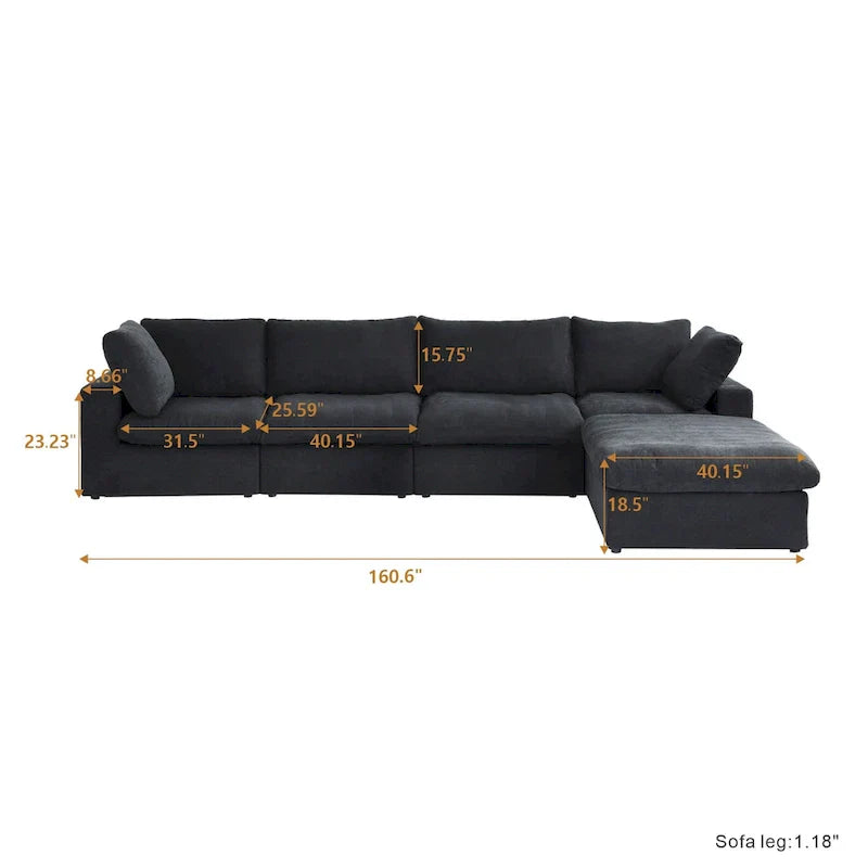 Canapé Sectionnel Noir Commix Garni de Plumes Surdimensionné avec Pouf