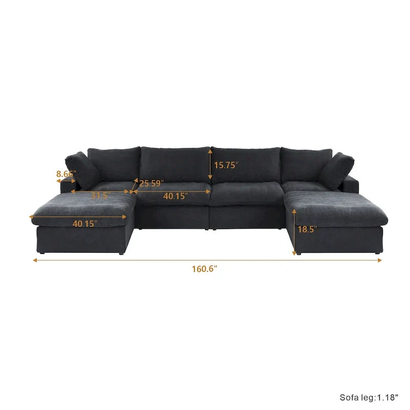 Canapé Sectionnel Noir Commix Garni de Plumes Surdimensionné avec Pouf