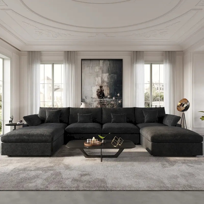 Canapé Sectionnel Noir Commix Garni de Plumes Surdimensionné avec Pouf