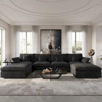 Canapé Sectionnel Noir Commix Garni de Plumes Surdimensionné avec Pouf