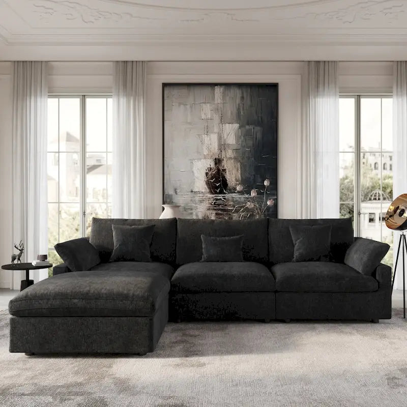 Canapé Sectionnel Noir Commix Garni de Plumes Surdimensionné avec Pouf