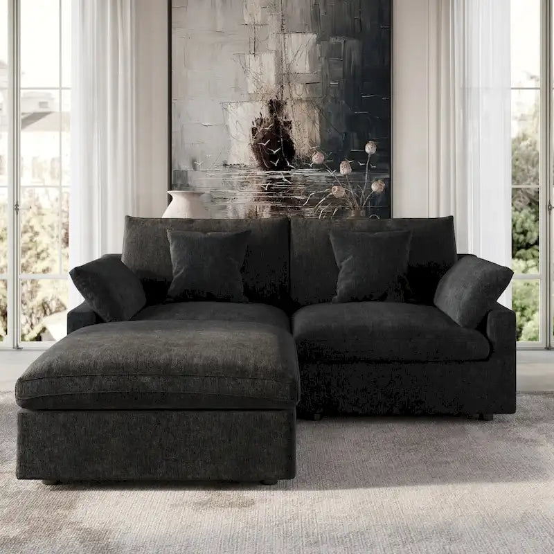 Canapé Sectionnel Noir Commix Garni de Plumes Surdimensionné avec Pouf