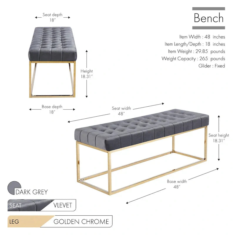 Banc en Velours Tufté Porthos Home Wenn avec Pieds en Chrome Doré