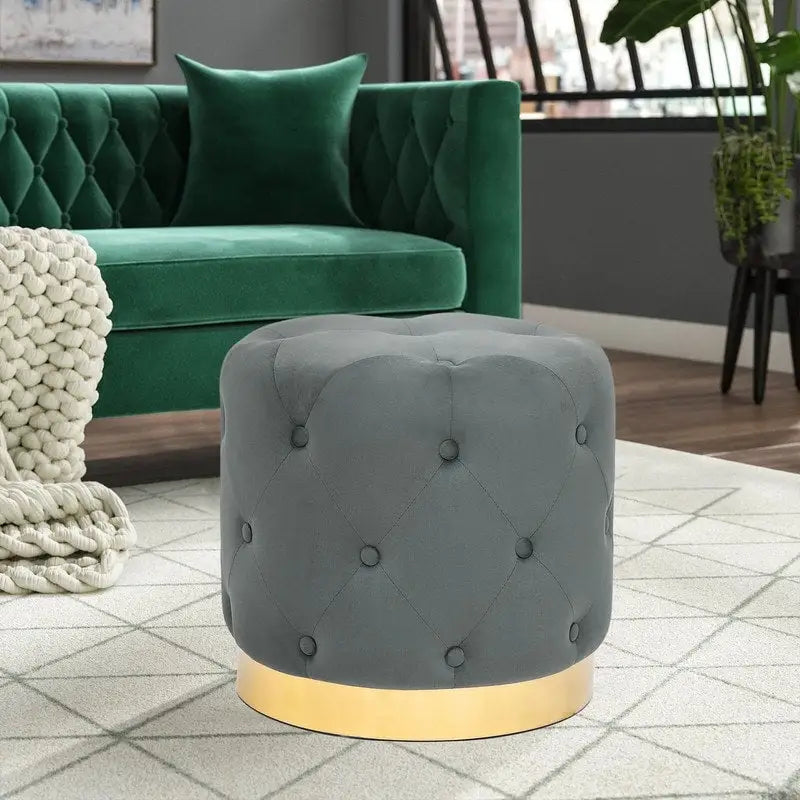 Adeco Pouf Rond en Velours Repose-Pieds de Coiffeuse Base Plaqué Or