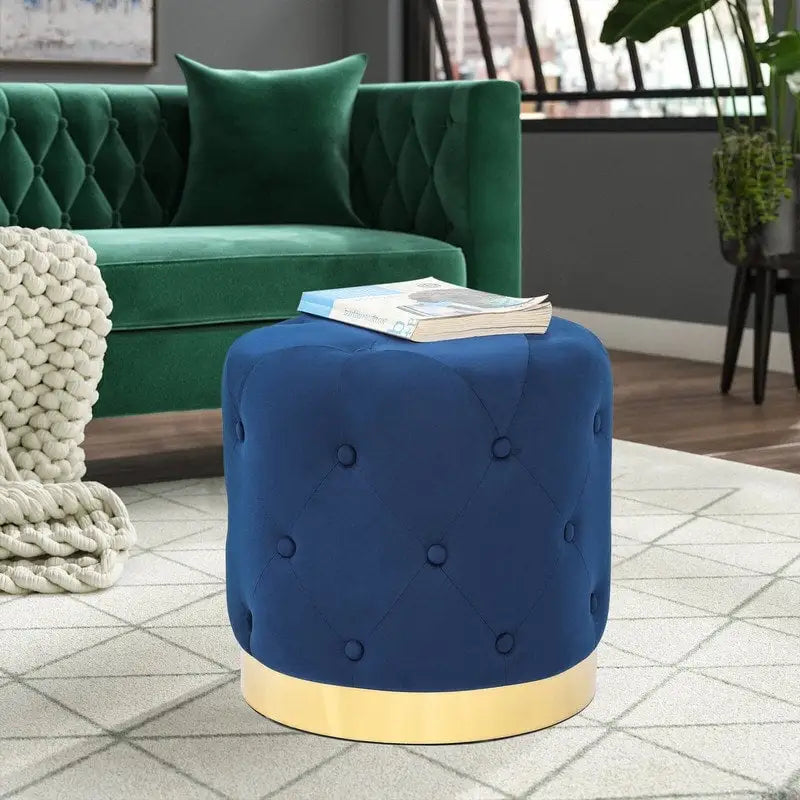 Adeco Pouf Rond en Velours Repose-Pieds de Coiffeuse Base Plaqué Or