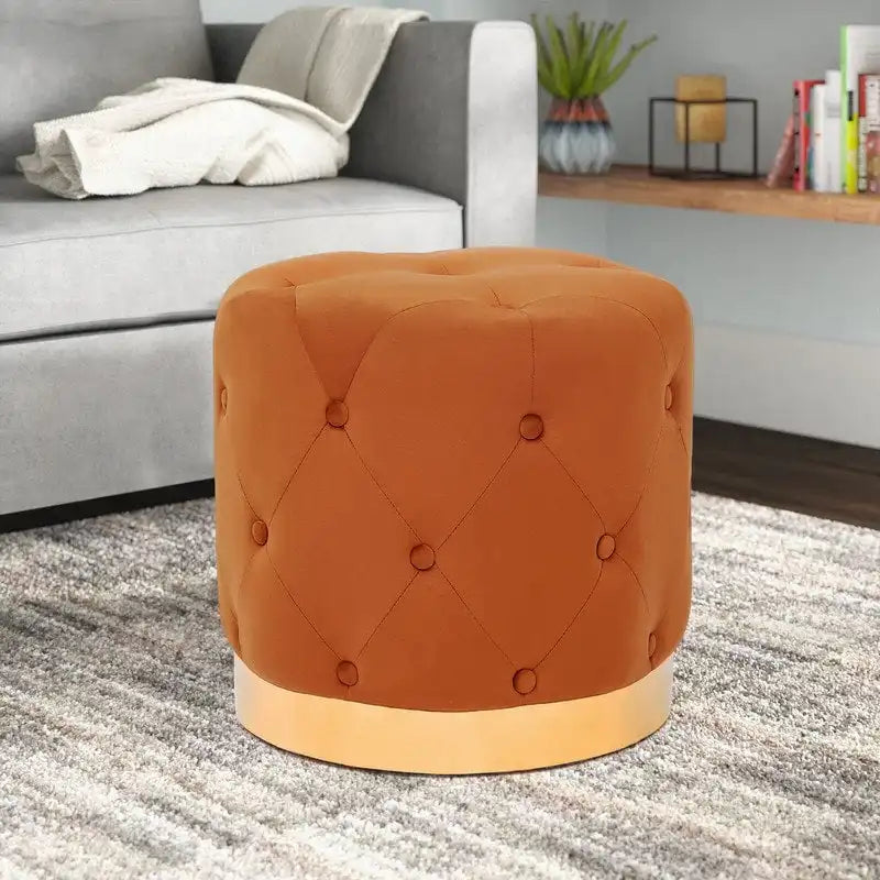 Adeco Pouf Rond en Velours Repose-Pieds de Coiffeuse Base Plaqué Or