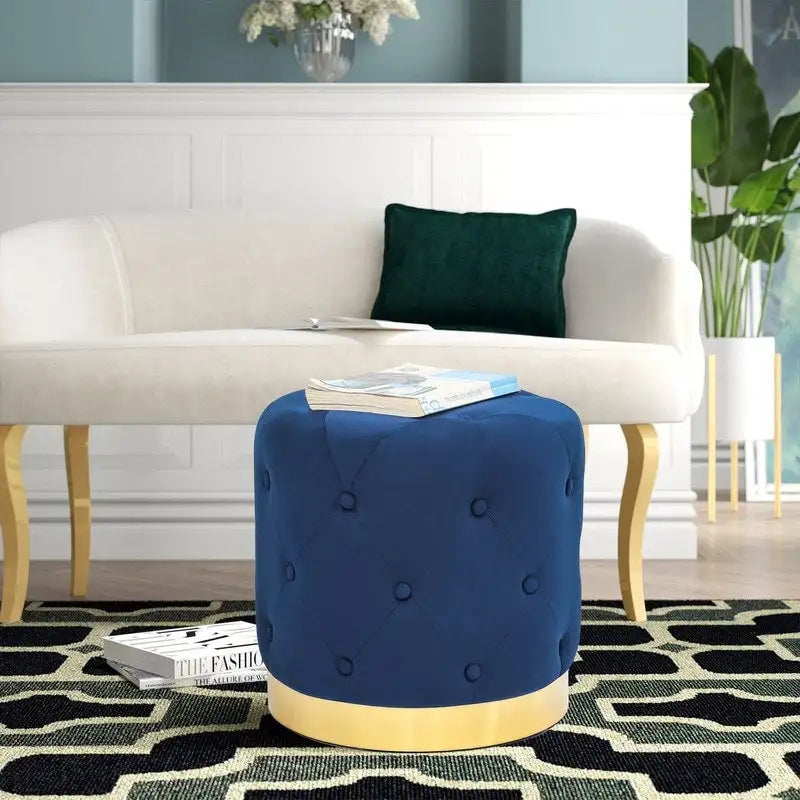 Adeco Pouf Rond en Velours Repose-Pieds de Coiffeuse Base Plaqué Or
