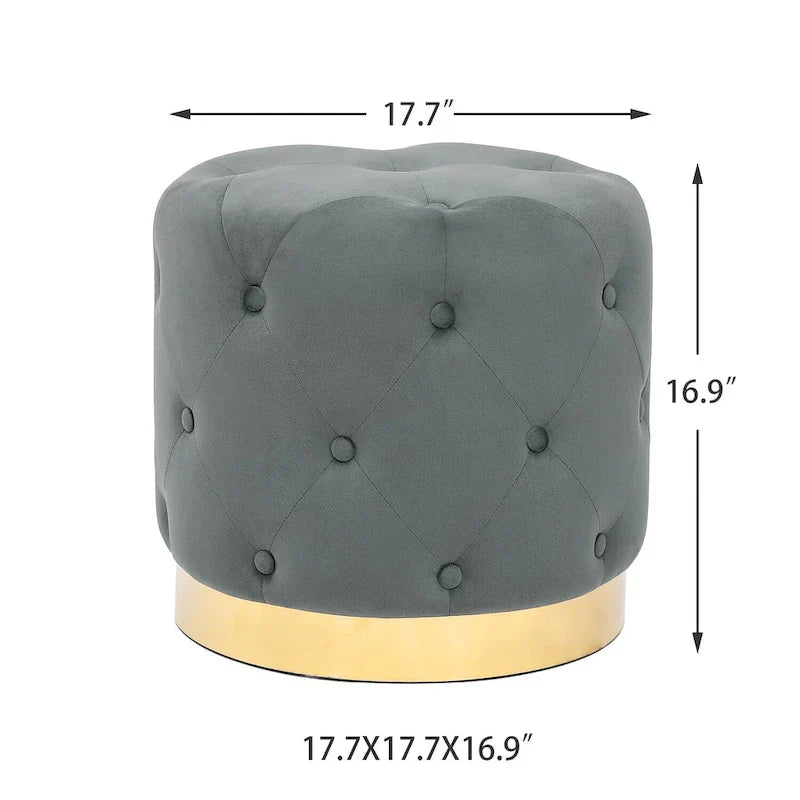 Adeco Pouf Rond en Velours Repose-Pieds de Coiffeuse Base Plaqué Or