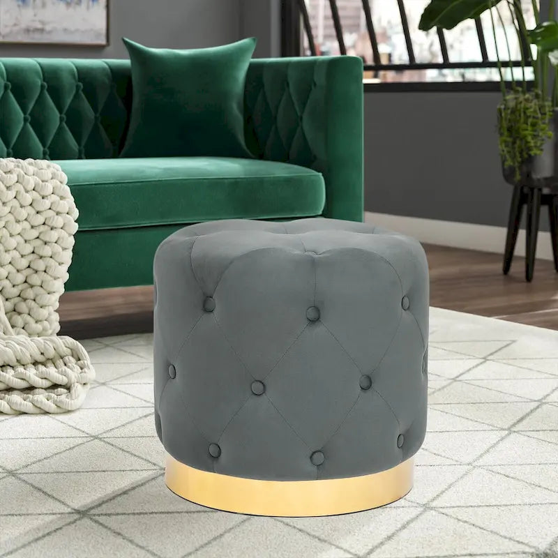 Adeco Pouf Rond en Velours Repose-Pieds de Coiffeuse Base Plaqué Or