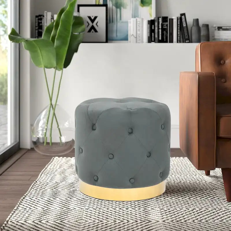 Adeco Pouf Rond en Velours Repose-Pieds de Coiffeuse Base Plaqué Or