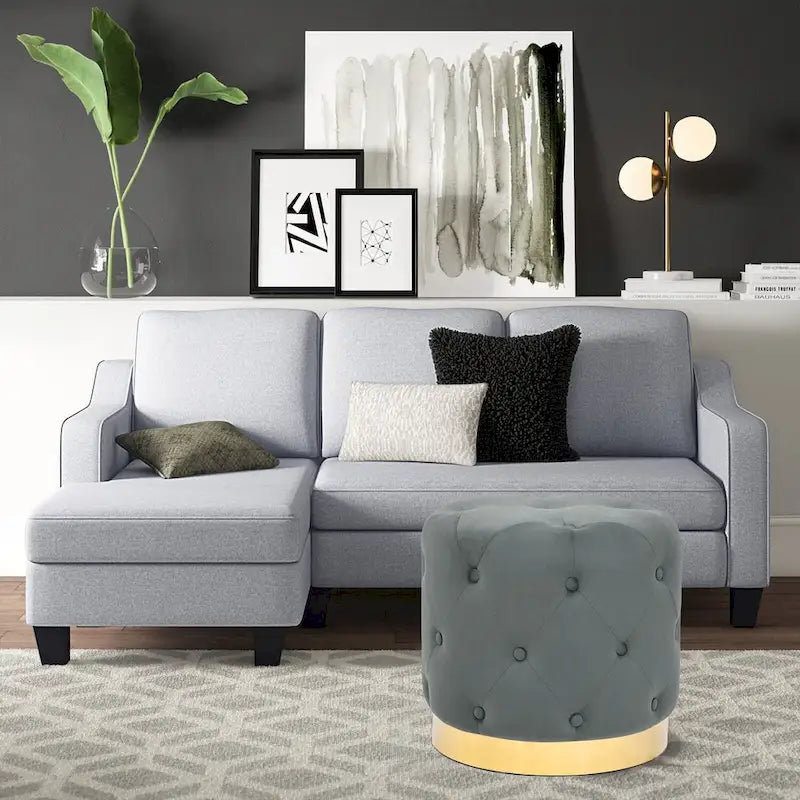 Adeco Pouf Rond en Velours Repose-Pieds de Coiffeuse Base Plaqué Or