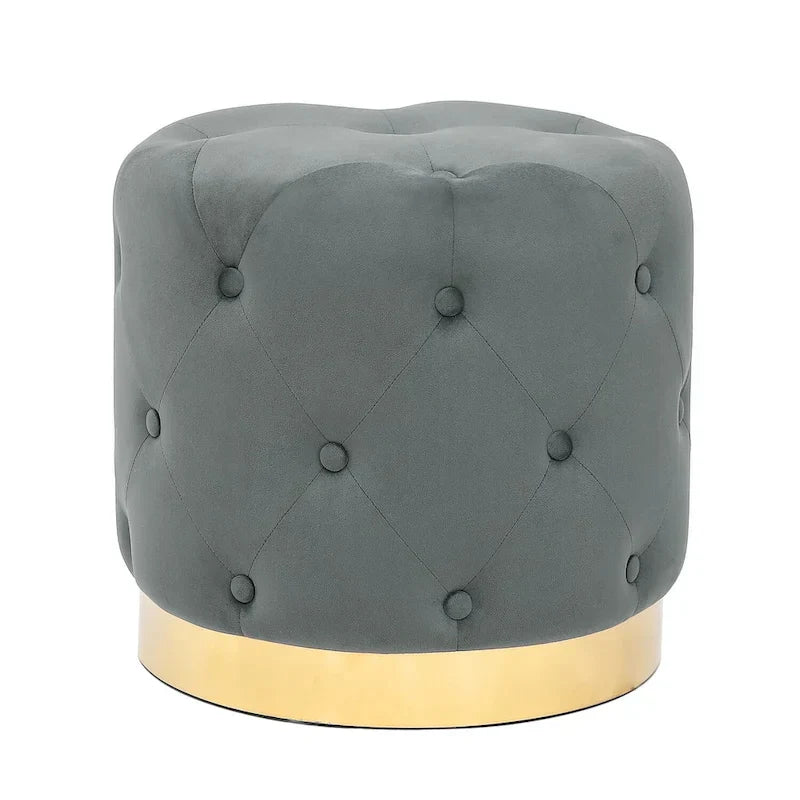 Adeco Pouf Rond en Velours Repose-Pieds de Coiffeuse Base Plaqué Or