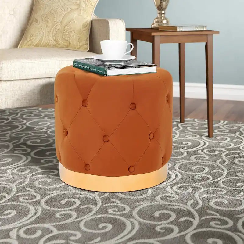 Adeco Pouf Rond en Velours Repose-Pieds de Coiffeuse Base Plaqué Or