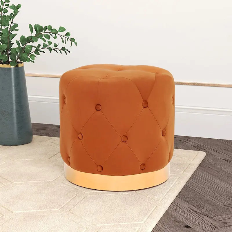 Adeco Pouf Rond en Velours Repose-Pieds de Coiffeuse Base Plaqué Or