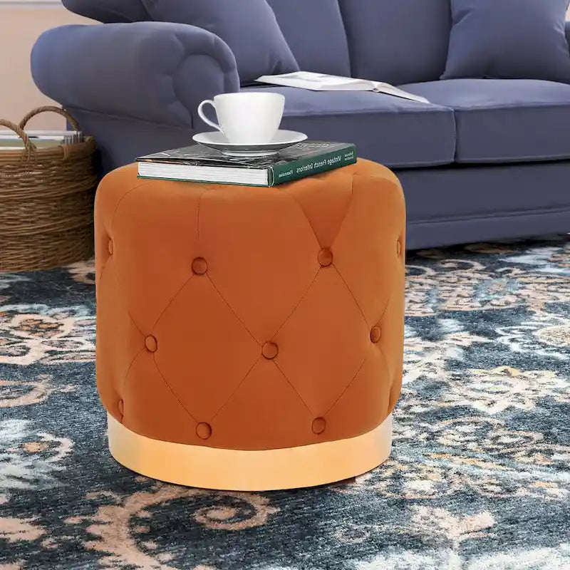 Adeco Pouf Rond en Velours Repose-Pieds de Coiffeuse Base Plaqué Or