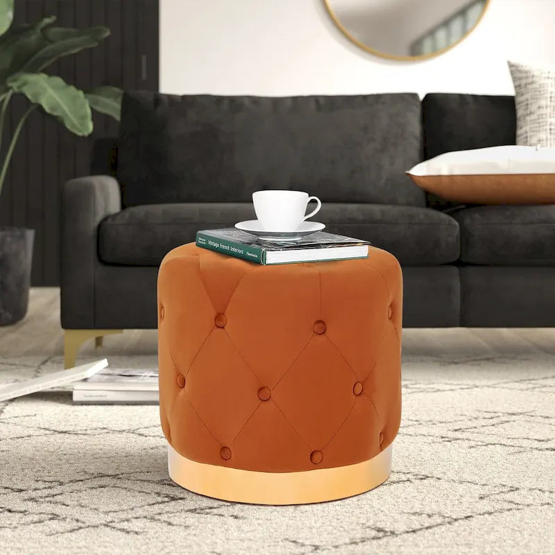 Adeco Pouf Rond en Velours Repose-Pieds de Coiffeuse Base Plaqué Or
