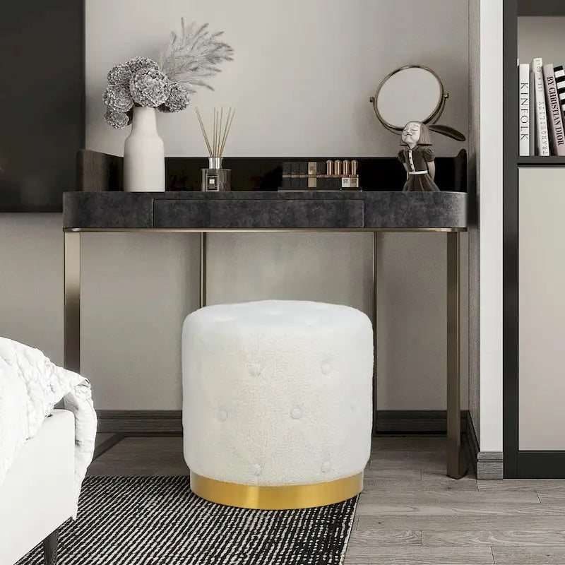 Adeco Pouf Rond en Velours Repose-Pieds de Coiffeuse Base Plaqué Or
