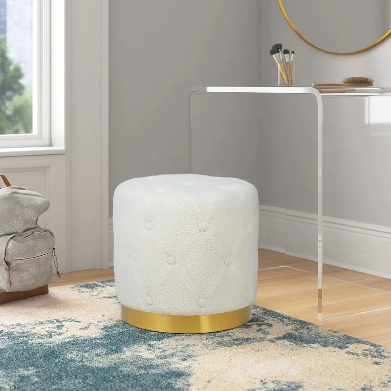 Adeco Pouf Rond en Velours Repose-Pieds de Coiffeuse Base Plaqué Or