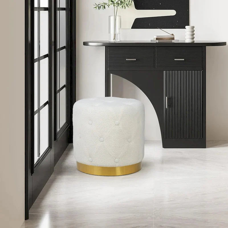 Adeco Pouf Rond en Velours Repose-Pieds de Coiffeuse Base Plaqué Or