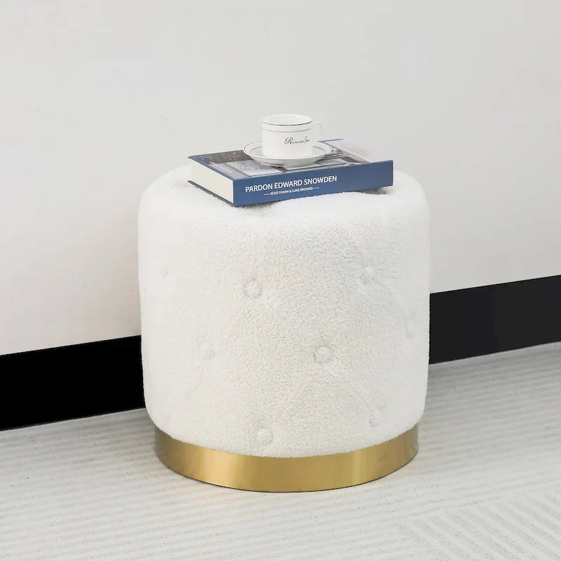 Adeco Pouf Rond en Velours Repose-Pieds de Coiffeuse Base Plaqué Or