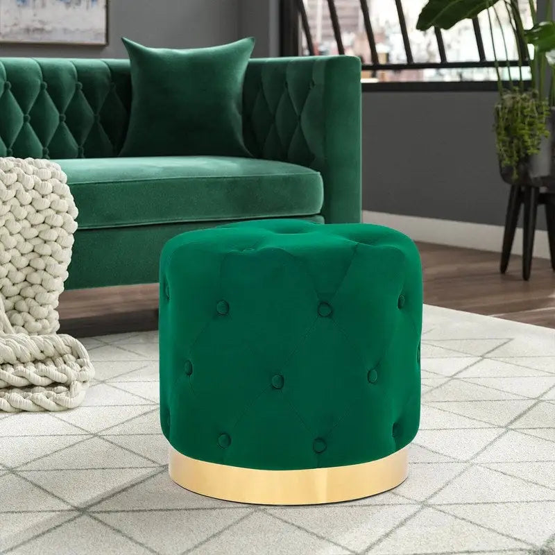 Adeco Pouf Rond en Velours Repose-Pieds de Coiffeuse Base Plaqué Or
