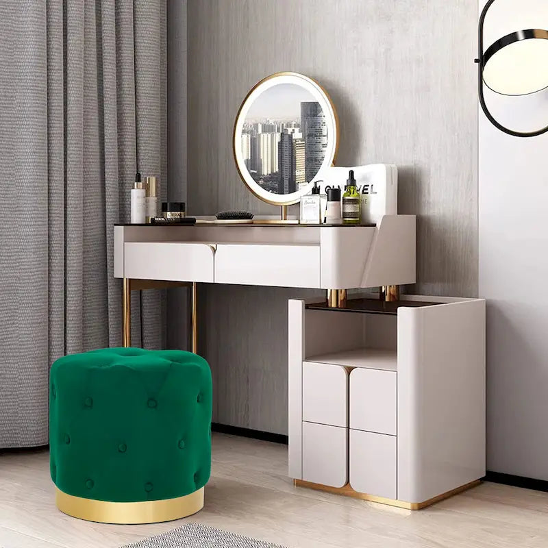 Adeco Pouf Rond en Velours Repose-Pieds de Coiffeuse Base Plaqué Or