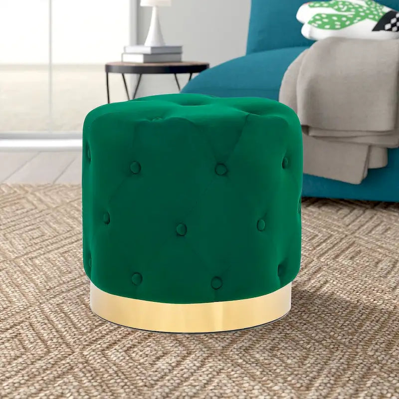 Adeco Pouf Rond en Velours Repose-Pieds de Coiffeuse Base Plaqué Or