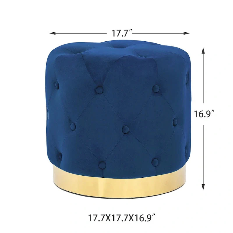 Adeco Pouf Rond en Velours Repose-Pieds de Coiffeuse Base Plaqué Or
