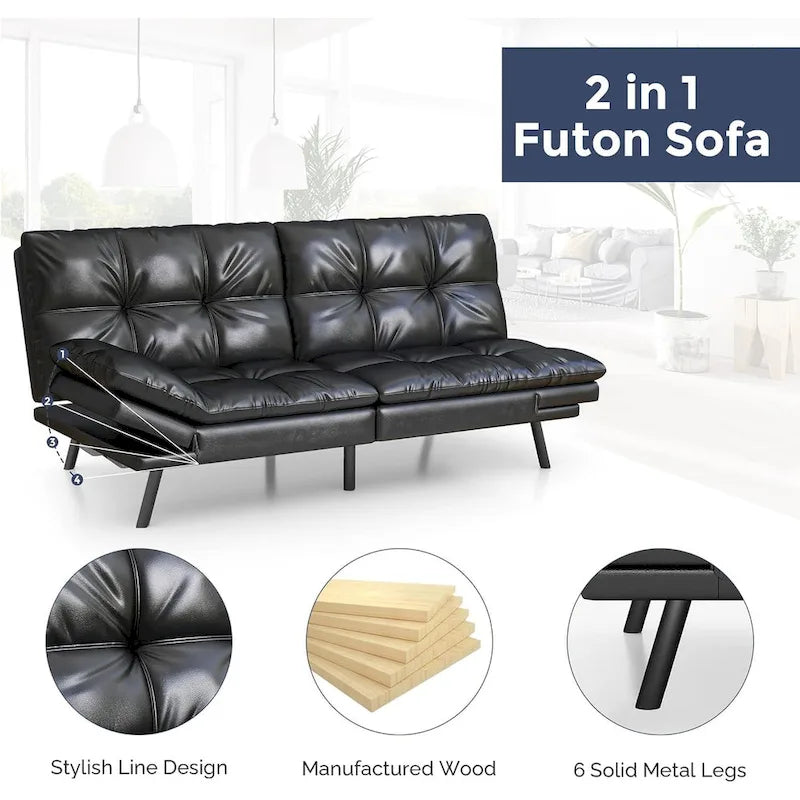 Canapé-lit futon, canapé pliable en mousse à mémoire de forme, causeuse convertible avec accoudoirs réglables pour petit espace