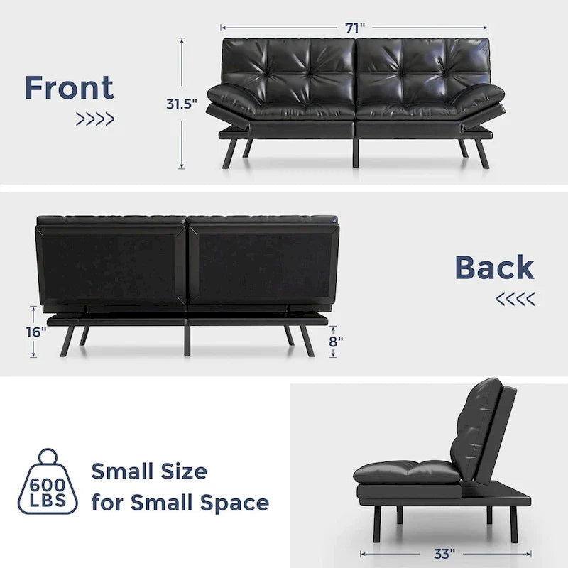 Canapé-lit futon, canapé pliable en mousse à mémoire de forme, causeuse convertible avec accoudoirs réglables pour petit espace