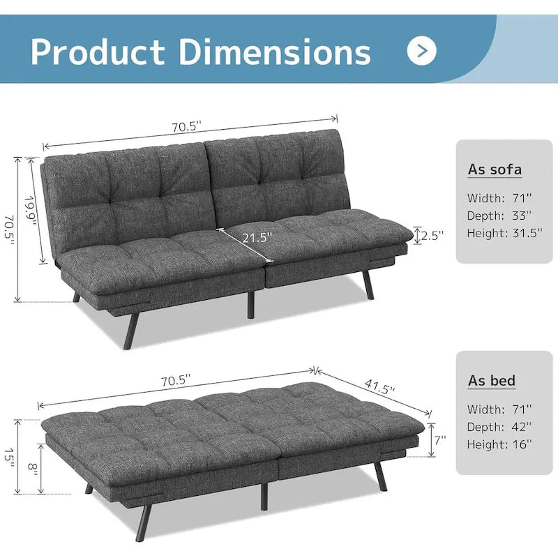 Canapé-lit futon, canapé pliable en mousse à mémoire de forme, causeuse convertible avec accoudoirs réglables pour petit espace