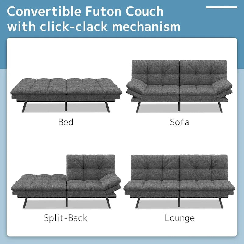 Canapé-lit futon, canapé pliable en mousse à mémoire de forme, causeuse convertible avec accoudoirs réglables pour petit espace