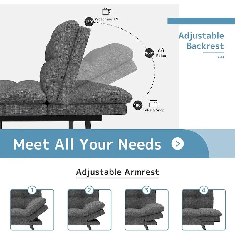 Canapé-lit futon, canapé pliable en mousse à mémoire de forme, causeuse convertible avec accoudoirs réglables pour petit espace