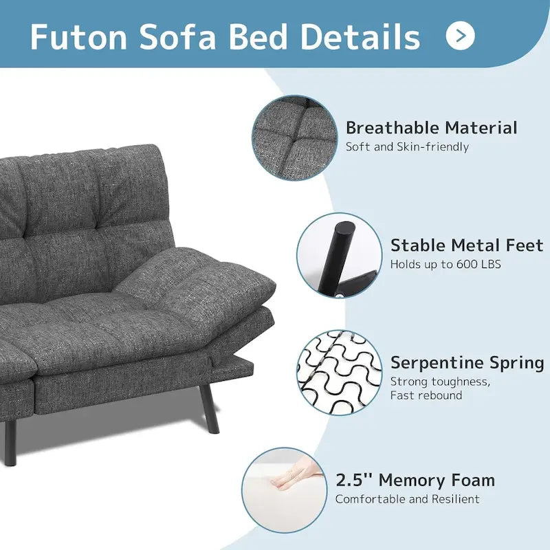 Canapé-lit futon, canapé pliable en mousse à mémoire de forme, causeuse convertible avec accoudoirs réglables pour petit espace