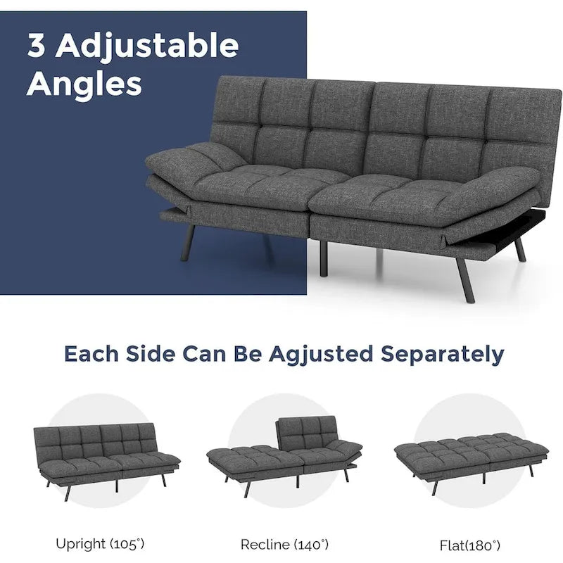 Canapé-lit futon, canapé pliable en mousse à mémoire de forme, causeuse convertible avec accoudoirs réglables pour petit espace