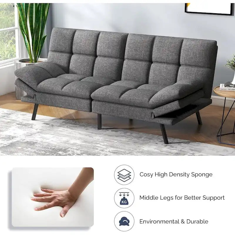 Canapé-lit futon, canapé pliable en mousse à mémoire de forme, causeuse convertible avec accoudoirs réglables pour petit espace