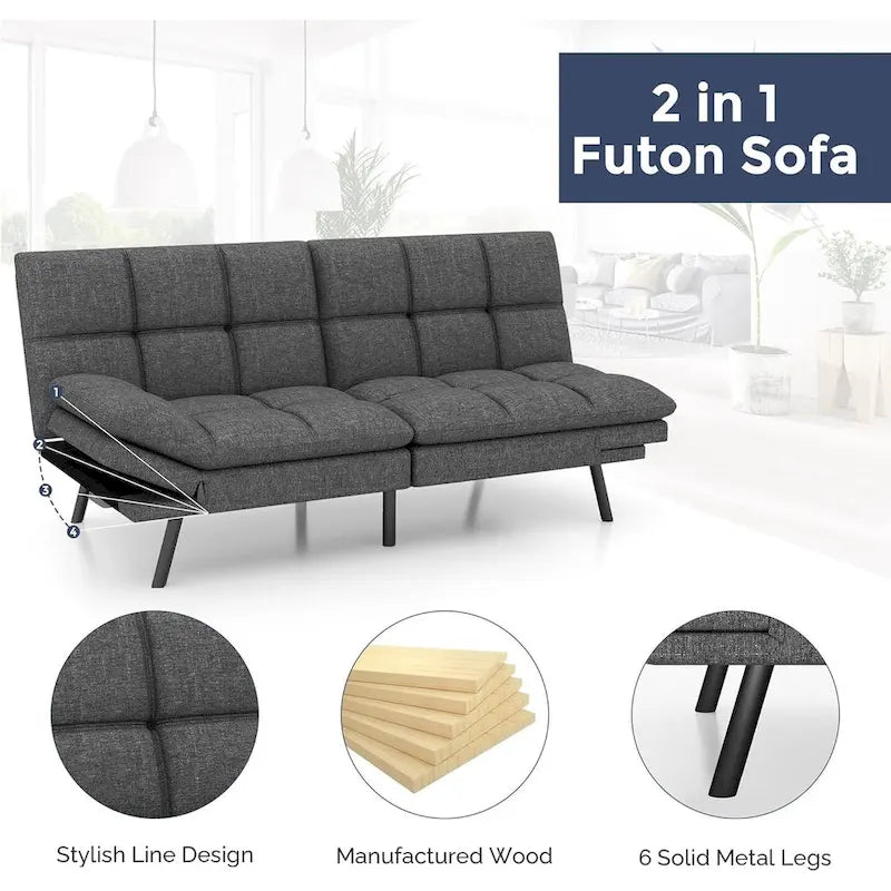 Canapé-lit futon, canapé pliable en mousse à mémoire de forme, causeuse convertible avec accoudoirs réglables pour petit espace