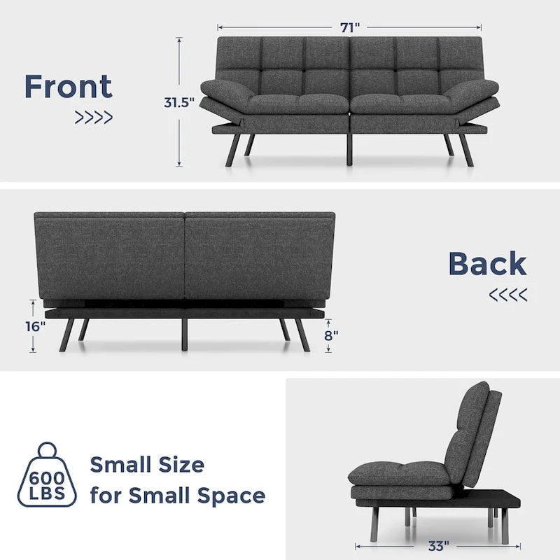 Canapé-lit futon, canapé pliable en mousse à mémoire de forme, causeuse convertible avec accoudoirs réglables pour petit espace