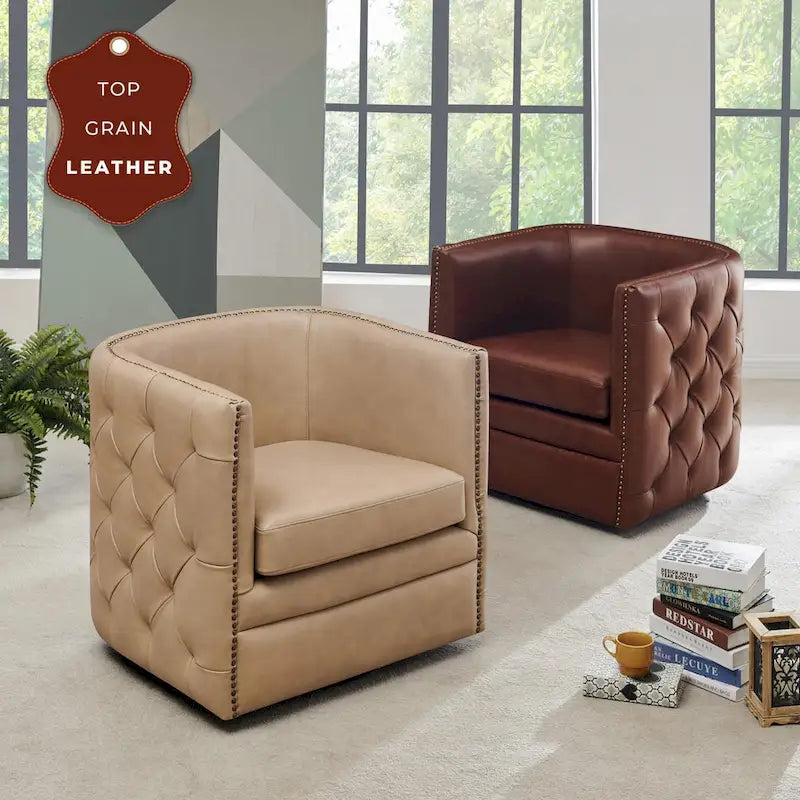 Fauteuil pivotant capitonné en cuir pleine fleur Leslie