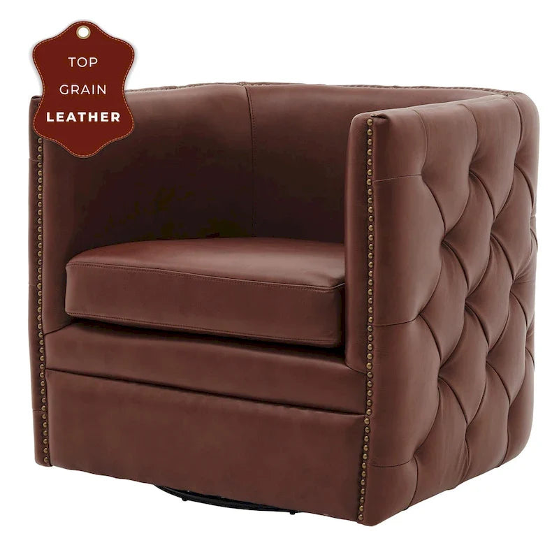 Fauteuil pivotant capitonné en cuir pleine fleur Leslie
