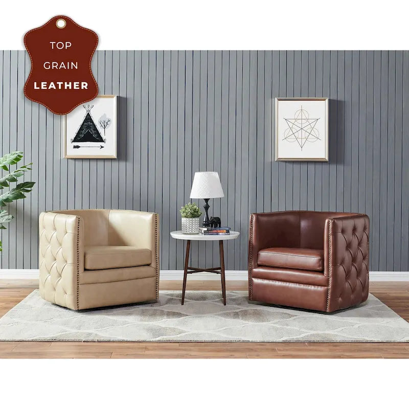 Fauteuil pivotant capitonné en cuir pleine fleur Leslie