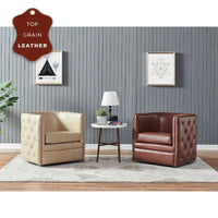 Fauteuil pivotant capitonné en cuir pleine fleur Leslie