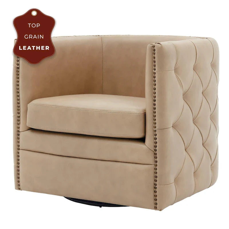 Fauteuil pivotant capitonné en cuir pleine fleur Leslie