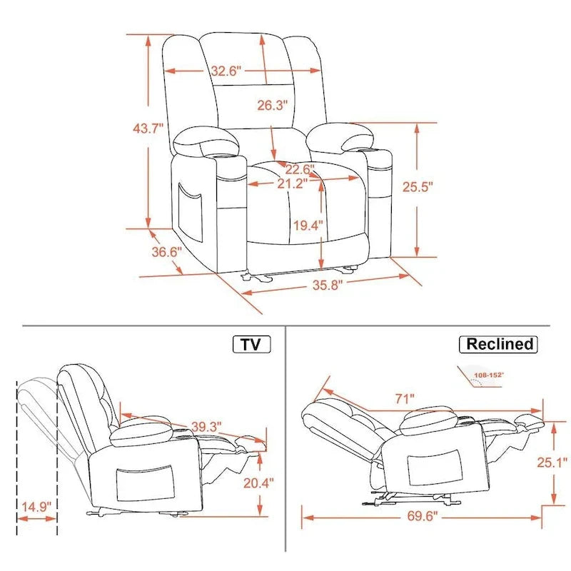 Fauteuil Inclinable Électrique MCombo avec Chaleur et Massage, Tissu 6079/PR670